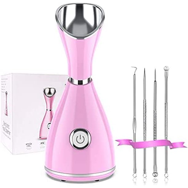 Facial Steamer-Face Steamer for Facial Deep Cleaning Home Facial Spa Warm Mist Humidifier Atomizer Sauna Sinuses Unclogs Pores with Blackhead Stainless Steel Kit and Hair Band (Pink)