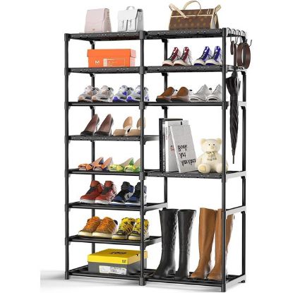 8-Tier Shoe Rack Shoes and Boots Storage Organizer 26-30 Pairs All Metal for Entryway Closet Bedroom Shelf Durable Tower with Side Hooks, 0.48D x 1.92W 1.32H in