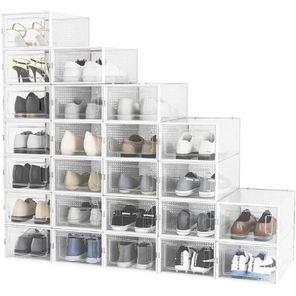 Clear Shoe Boxes Stackable with Lids, Foldable Sneaker Shoe Storage Organizer Ventilation Shoe Containers for Closet Bedroom Bathroom