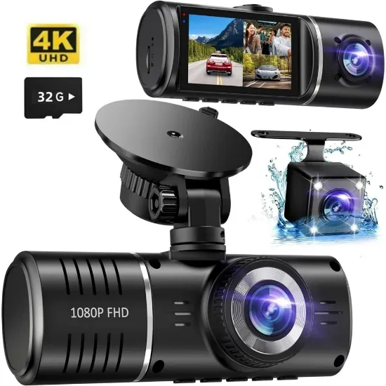 Picture of Dash Cam, 3 Channel Dash Cam, 4K+1080P Dash Cam Front and Inside, Triple Dash Cam,Car Night vision Dash Camera with 32GB Card, HDR, G-Sensor, 24Hr Parking, Front Rear Dash Cam Loop Recording