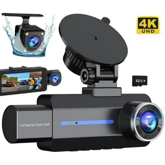 Picture of 3 Channel Dash Cam, 4K/2.5K+1440P Dash Cam Front and Rear Inside, Dash Camera for Cars, Triple Car Camera with 32GB Card, G-Sensor, 24Hr Parking, Loop Recording, IR Night Vision, Blue