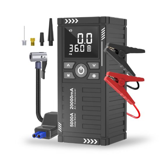 Picture of TRAKAR Car Battery Charger Jump Starter with Air Compressor, 5000A 150PSI (9.0 Gas/8.0L Diesel), 14.8V Jump Box Car Battery Jumper Starter Portable with Jumper Cables, LCD Display, Lights